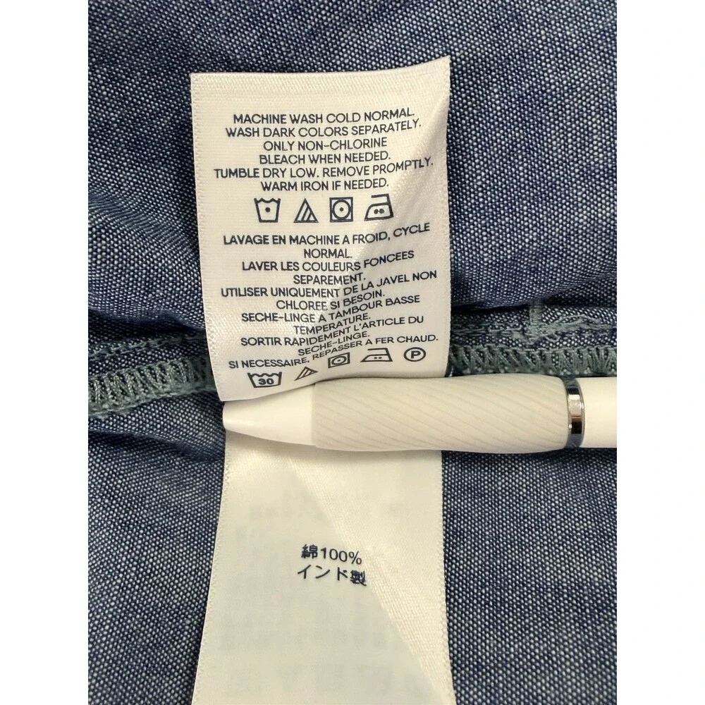 Lands End XL 18 Blue Chambray Tunic Band Collar Gathered Back Pockets EUC - Picture 6 of 7